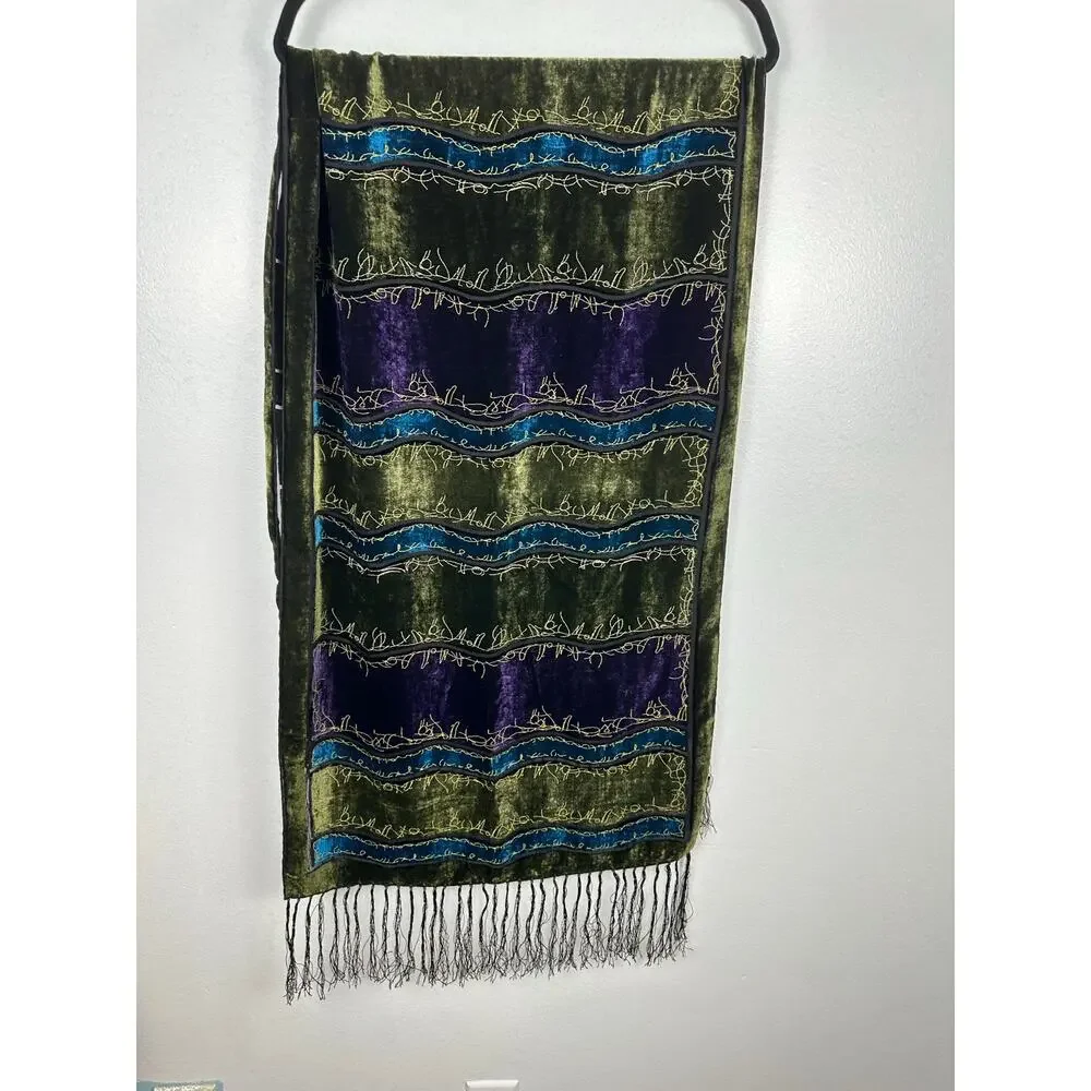 vintage Y2K jewel-toned devoré 100% silk burnout velvet scarf jewel tones 66